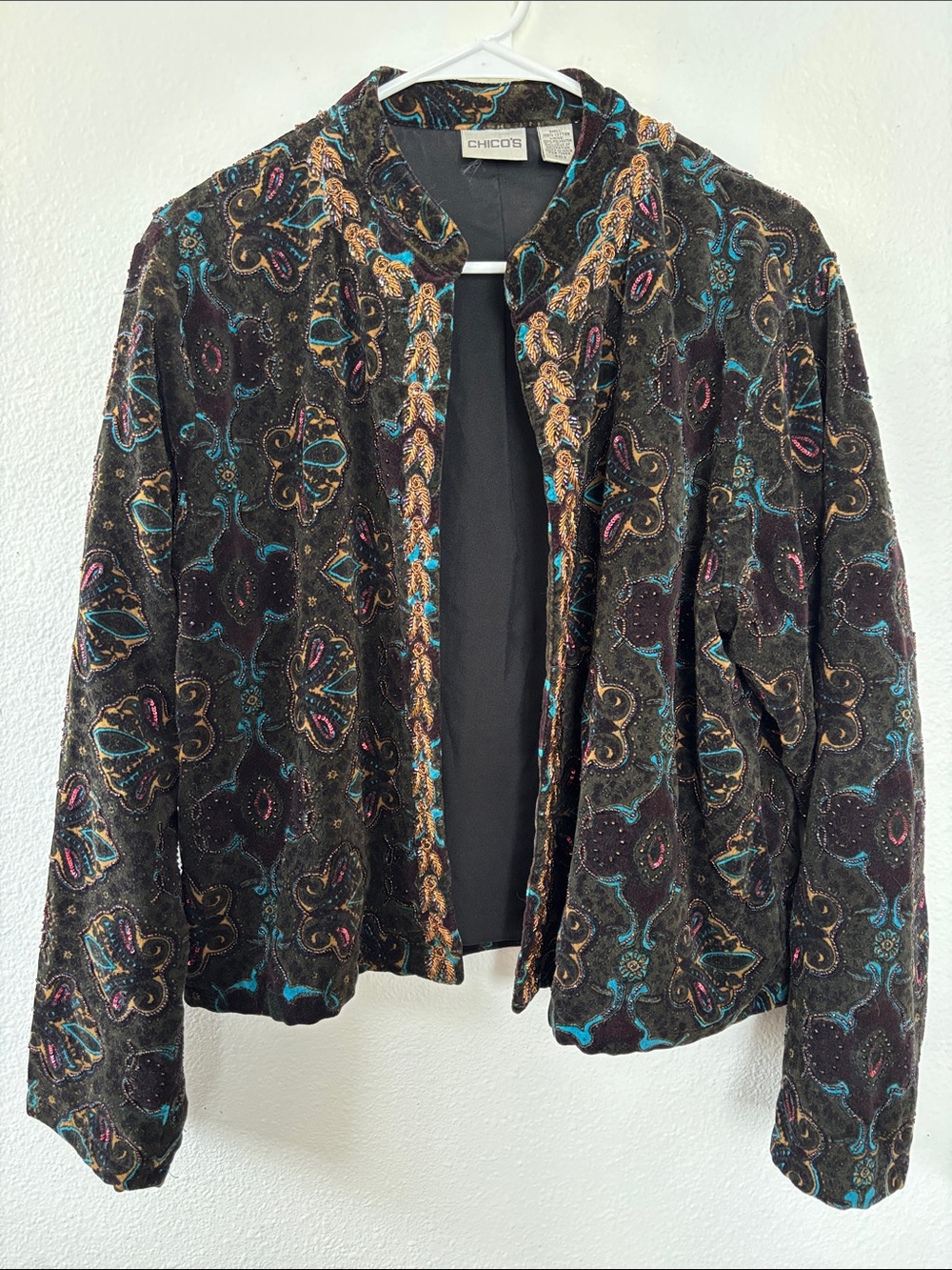 Chico's Black Velvet Paisley Embroidered Open Front Jacket -672sku